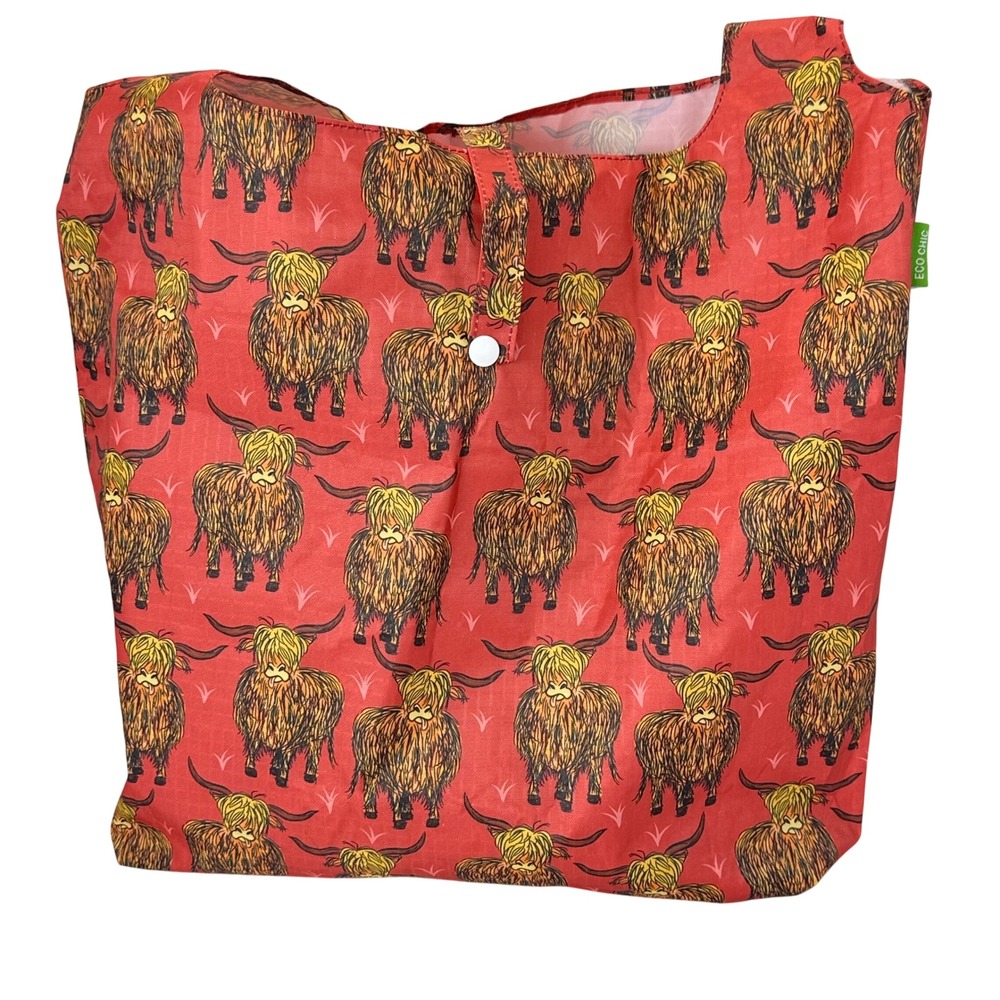 Eco Chic Red Highland Cow Print Reusable Foldable Shopping Tote Bag Farmcore